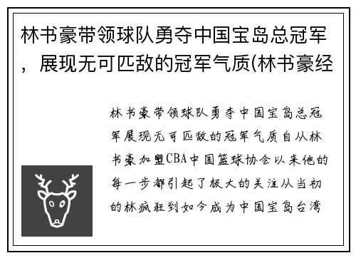 林书豪带领球队勇夺中国宝岛总冠军，展现无可匹敌的冠军气质(林书豪经典比赛)