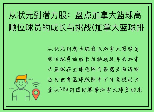 从状元到潜力股:盘点加拿大篮球高顺位球员的成长与挑战(加拿大篮球排名)