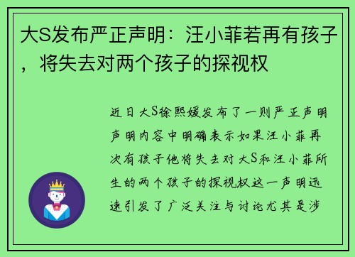 大S发布严正声明：汪小菲若再有孩子，将失去对两个孩子的探视权